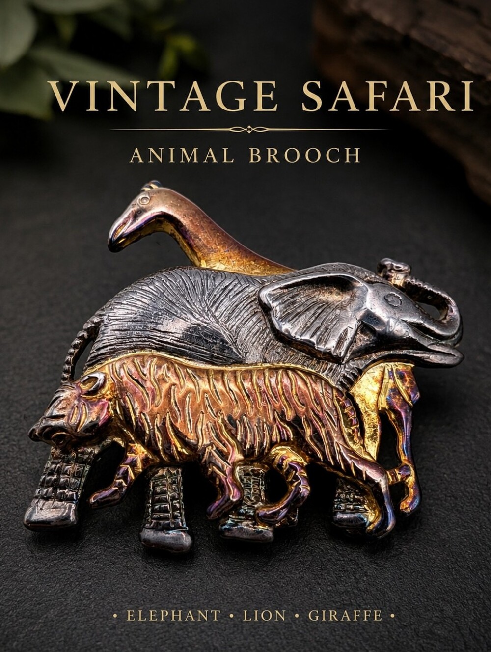 Vintage Safari Animal Brooch Elephant Lion Giraffe Gold Statement Pin Safari